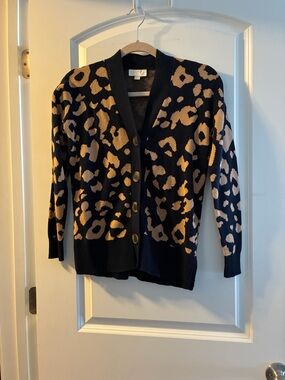 LOFT Black and Tan Leopard Print Button-Front Cardigan